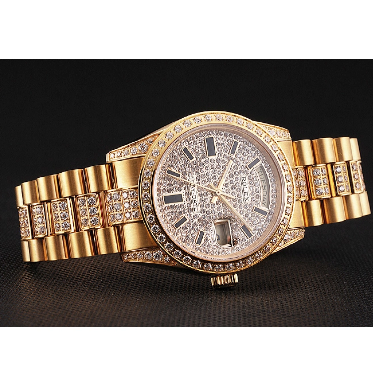 Aaa replica watch Day Yellow Diamond Swiss Gold Date Rolex Pave 0522